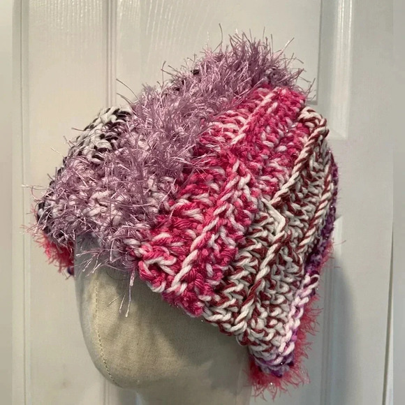 Handmade Crochet Chunky Ribbed Upcycled Multi Fiber Scrappy Yarn Beanie Hat D38 - Picture 2 of 5